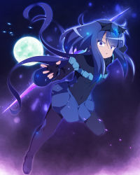 Rule 34 | :o, bad end beauty, bad end precure, black bodysuit, black headwear, blue eyes, blue hair, bodysuit, breasts, dark persona, frilled sleeves, frills, glaring, hand up, holding, holding weapon, incoming attack, latex, latex bodysuit, looking at viewer, open mouth, ponytail, precure, skirt, small breasts, smile precure!, ts1016, weapon