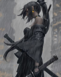 Rule 34 | 1girl, absurdres, bare shoulders, black dress, black eyes, black hair, blurry, blurry background, breasts, commentary, depth of field, detached sleeves, dress, earrings, english commentary, glowing, guweiz, high ponytail, highres, holding, holding sword, holding weapon, jewelry, katana, long hair, long sleeves, looking away, original, outdoors, ponytail, profile, rain, sheath, small breasts, solo, standing, strapless, strapless dress, sword, very long hair, weapon, wide sleeves