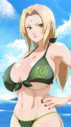 Rule 34 | 1girl, bare shoulders, beach, bikini, blonde hair, breasts, brown eyes, cleavage, covered erect nipples, cowboy shot, curvy, facial mark, female focus, fingernails, forehead mark, hand on own hip, highres, huge breasts, konohagakure symbol, large breasts, lipstick, looking at viewer, low twintails, makeup, mature female, midriff, nail polish, naruto, naruto (series), naruto shippuuden, nipples, outdoors, puffy nipples, raised eyebrows, solo, swimsuit, tsunade (naruto), twintails, wide hips, zorzero