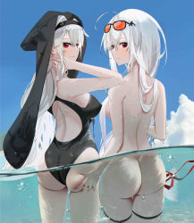 Rule 34 | 2girls, absurdres, ahoge, arknights, ass, ass grab, bare shoulders, black one-piece swimsuit, blush, breasts, caustics, eyewear on head, female focus, habit, hair between eyes, hair ornament, hair over breasts, hair over one breast, highres, large breasts, long hair, looking at viewer, multiple girls, nude, nun, omone hokoma agm, one-piece swimsuit, partially submerged, partially underwater shot, red eyes, silver hair, skadi (arknights), smile, specter (arknights), sunglasses, swimsuit, thigh strap, thighs, tinted eyewear, underwater, very long hair, wading, whale hair ornament