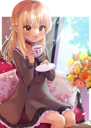 Rule 34 | 1girl, :d, black choker, blonde hair, blush, bouquet, braid, brown eyes, chocomarybadend, choker, couch, cup, dark-skinned female, dark skin, dress, elf, flower, flower pot, french braid, grey dress, half updo, holding, holding cup, hololive, jewelry, kintsuba (shiranui flare), long hair, multicolored hair, on couch, open mouth, pendant, pinstripe dress, pinstripe pattern, pointy ears, sailor dress, shiranui flare, shiranui flare (street), sitting, sleeveless, sleeveless dress, smile, solo, streaked hair, striped, teacup, virtual youtuber