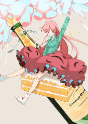 Rule 34 | 1girl, absurdres, ahoge, alcohol, ankle boots, arm up, blouse, blush, boots, bottle, bow, bubble skirt, cake, champagne, champagne bottle, closed mouth, collared shirt, danding, dress shirt, expressionless, eyebrows, food, footwear bow, fork, frilled skirt, frills, green shirt, hata no kokoro, highres, long hair, long sleeves, looking at viewer, pink eyes, pink hair, shirt, shoes, sitting, skirt, solo, touhou, very long hair, white footwear