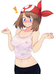 Rule 34 | !, 1girl, :|, alternate costume, bad id, bad pixiv id, bandana, bike shorts, blue eyes, blush, breasts, breasts apart, brown hair, camisole, closed mouth, collarbone, covered erect nipples, cowboy shot, creatures (company), crop top, embarrassed, forearms at chest, game freak, hip focus, large breasts, looking down, may (pokemon), midriff, navel, nintendo, nipples, no bra, nose blush, poke ball print, pokemon, see-through, short hair, simple background, solo, standing, suroshi, surprised, surprised arms, sweat, sweatdrop, wet, wet clothes, white background