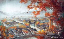 Rule 34 | architecture, branch, building, east asian architecture, fence, fog, from above, gate, leaf, maple leaf, mountain, original, sky, streamers, tao kekekeke, town, tree, wall, white sky