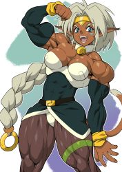 Rule 34 | 1girl, abs, aisha clanclan, animal ears, bell, biceps, braid, breasts, cat ears, cat tail, circlet, collar, dark-skinned female, dark skin, detached sleeves, female focus, flexing, jingle bell, leggings, long hair, medium breasts, muscular, muscular female, neck bell, open mouth, outlaw star, pokkuti, single braid, skin tight, solo, tail, thighhighs