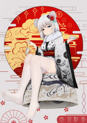 Rule 34 | 1girl, animal ears, chinese zodiac, feet, grey hair, happy new year, highres, japanese clothes, kimono, l.tea, mouse (animal), mouse ears, mouse girl, mouse tail, new year, no shoes, original, tail, thighhighs, white kimono, white thighhighs, year of the rat