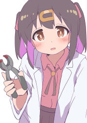 Rule 34 | 1girl, blood, blush, brown eyes, brown hair, coat, collared shirt, colored inner hair, commentary request, dot nose, hair ornament, hairclip, hand up, hatafuta, holding pliers, implied torture, lab coat, long hair, long sleeves, looking at viewer, multicolored hair, onii-chan wa oshimai!, open clothes, open coat, open mouth, oyama mihari, pink shirt, pliers, purple hair, shirt, simple background, smile, solo, twintails, two-tone hair, upper body, white background, white coat