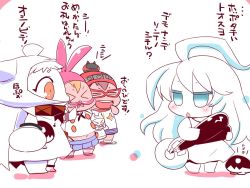 Rule 34 | 4girls, abyssal ship, ahoge, carrying, carrying under arm, chibi, closed eyes, collar, comic, commentary request, disguise, dress, elbow gloves, enemy aircraft (kancolle), gloves, green eyes, horns, innertube, kantai collection, long hair, mittens, multiple girls, musical note, navel, new submarine princess, northern ocean princess, open mouth, orange eyes, pleated skirt, rensouhou-chan, sailor dress, sako (bosscoffee), school uniform, serafuku, shimakaze (kancolle), shirt, sitting, sitting on head, sitting on person, skirt, sleeveless, sleeveless dress, sleeveless shirt, smile, swim ring, translation request, white dress, white hair, white mittens, yukikaze (kancolle)