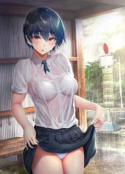 Rule 34 | 1girl, bench, black skirt, blouse, blue hair, blush, bra, bra visible through clothes, breasts, bus stop, cleavage, clothes lift, collared shirt, cowboy shot, eyelashes, gentsuki, hair between eyes, highres, lifted by self, looking at viewer, medium breasts, miniskirt, neck ribbon, open mouth, orange eyes, original, outdoors, panties, pleated skirt, rain, ribbon, road sign, see-through, shirt, short hair, short sleeves, sign, skirt, skirt lift, solo, standing, thighs, tomboy, underwear, wet, wet clothes, wet shirt, white bra, white panties, white shirt, wing collar