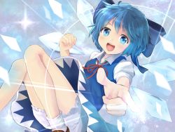 Rule 34 | 1girl, bad id, bad pixiv id, bloomers, blue eyes, blue hair, bow, cirno, dress, hair bow, ice, ice wings, looking at viewer, matching hair/eyes, open mouth, pointing, short hair, solo, touhou, underwear, wings, yuki (vicious)
