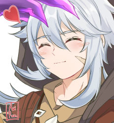 Rule 34 | 1boy, aoirnn, blush, claws, closed eyes, closed mouth, facial scar, genshin impact, grey hair, hair between eyes, headpat, heart, highres, hood, hood up, jewelry, long hair, male focus, necklace, portrait, razor (genshin impact), scar, scar on cheek, scar on face, signature, upper body