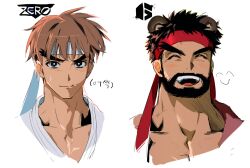 Rule 34 | 1boy, :d, ^ ^, age comparison, animal ears, athanjccgg, bara, bear ears, beard, black hair, bright pupils, brown hair, closed eyes, connected beard, cropped shoulders, dark-skinned male, dark skin, dougi, facial hair, forked eyebrows, full beard, happy, headband, huge eyebrows, kemonomimi mode, light blush, looking at another, male focus, open mouth, pectoral cleavage, pectorals, ryu (street fighter), smile, street fighter