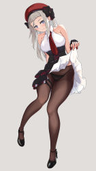 Rule 34 | 1girl, aged up, beret, black footwear, black gloves, black panties, black pantyhose, blue eyes, braid, breasts, clothes lift, dress, dress lift, fingerless gloves, full body, girls&#039; frontline, gloves, hat, high heels, highres, jamgom, lifting own clothes, long hair, medium breasts, mp5 (girls&#039; frontline), panties, pantyhose, red hat, sleeveless, sleeveless dress, smile, solo, standing, underwear, white hair