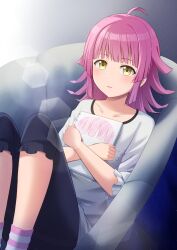 Rule 34 | 1girl, ahoge, black pants, blunt bangs, blunt ends, blush, chair, collarbone, commentary request, dot nose, drawing, gaming chair, grey background, highres, holding, holding sketchbook, ichiban577, legs, long sleeves, looking at viewer, love live!, love live! nijigasaki high school idol club, pants, parted lips, pink hair, pink socks, print shirt, rina-chan board, shirt, short hair, sidelocks, sitting, sketchbook, socks, solo, striped clothes, striped socks, swivel chair, tennoji rina, thighs, white shirt, yellow eyes