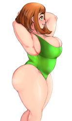 Rule 34 | 1girl, arms behind head, arms up, ass, bare arms, boku no hero academia, breasts, brown eyes, brown hair, bursting breasts, cleavage, cowboy shot, curvy, from side, green one-piece swimsuit, keigi, large breasts, matching hair/eyes, one-piece swimsuit, open mouth, plump, profile, short hair, simple background, smile, solo, swimsuit, teeth, thick eyebrows, thick thighs, thighs, upper teeth only, uraraka ochako, white background
