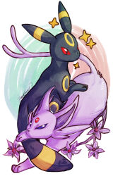 Rule 34 | animal focus, colored sclera, creatures (company), espeon, flower, forehead jewel, game freak, gen 2 pokemon, hoodiiewitch, nintendo, no humans, pokemon, pokemon (creature), purple eyes, red eyes, red sclera, sidelocks, simple background, umbreon, white background