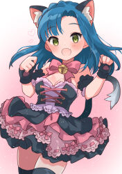 Rule 34 | 1girl, 22nekone, animal ears, arm garter, bell, black dress, black gloves, black thighhighs, blue hair, blush, braid, breasts, cat ears, cat tail, cleavage, dress, fake animal ears, fake tail, fang, fingerless gloves, frilled dress, frills, gloves, gradient background, heart, idolmaster, idolmaster million live!, idolmaster million live! theater days, layered dress, looking at viewer, medium breasts, nanao yuriko, neck bell, neck ribbon, open mouth, paw pose, pink background, pink ribbon, ribbon, short hair, simple background, smile, solo, tail, thighhighs, yellow eyes