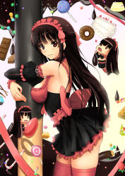 Rule 34 | 1girl, absurdres, belt, black eyes, black hair, breasts, brown eyes, buckle, cake, candy, candy cane, chibi, chocolate, chocolate banana, chocolate bar, doughnut, elbow gloves, food, fruit, gloves, headdress, highres, hug, lollipop, long hair, looking at viewer, medium breasts, open mouth, original, pillar, pink thighhighs, pocky, pudding, skirt, smile, snack, soyokaze, strawberry, thighhighs