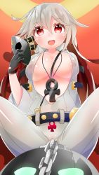 Rule 34 | absurdres, ankh, belt, blonde hair, breasts, flag (artist), guilty gear, guilty gear xrd, highres, jack-o&#039; valentine, large breasts, long hair, looking at viewer, mask, multicolored hair, red eyes, red hair, sitting, smile, solo, spread legs, thighs