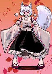 Rule 34 | 1girl, 9302w (user wjpg8475), absurdres, animal ears, black skirt, closed mouth, commentary request, detached sleeves, frilled skirt, frills, full body, gradient background, hands on own hips, hat, highres, inubashiri momiji, looking at viewer, orange background, pom pom (clothes), red eyes, red footwear, red hat, ribbon-trimmed sleeves, ribbon trim, shirt, skirt, solo, standing, tail, tokin hat, touhou, v-shaped eyebrows, white hair, white shirt, wide sleeves, wolf ears, wolf girl, wolf tail