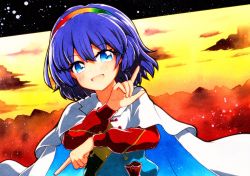 Rule 34 | bad id, bad twitter id, blue eyes, blue hair, cape, cloak, dress, hairband, highres, multicolored clothes, multicolored dress, multicolored hairband, orange sleeves, patchwork clothes, qqqrinkappp, rainbow gradient, red button, short hair, sky print, tenkyuu chimata, touhou, traditional media, two-sided cape, two-sided fabric, white cape, white cloak, yellow sleeves, zipper