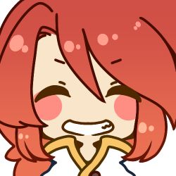 Rule 34 | 1boy, bad id, bad pixiv id, blush, blush stickers, chibi, closed eyes, happy, lowres, luke fon fabre, male focus, muguet, portrait, red hair, simple background, smile, solo, tales of (series), tales of the abyss, teeth, white background