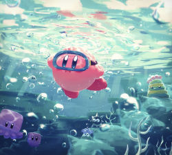 Rule 34 | air bubble, blue eyes, bubble, colored skin, diving mask, glunk (kirby), goggles, gordo, highres, holding breath, kirby, kirby (series), nintendo, no humans, pink skin, rock, slushy (kirby), solo, squishy (kirby), submerged, suyasuyabi, swimming, underwater