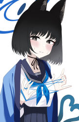 Rule 34 | 1girl, absurdres, animal ears, black eyes, black hair, black sailor collar, black skirt, blue archive, blue halo, blue neckerchief, blush, cat&#039;s cradle, cat ears, closed mouth, halo, haori, highres, japanese clothes, kikyou (blue archive), looking at viewer, neckerchief, pleated skirt, sailor collar, shiroron mochi, short hair, simple background, skirt, solo, white background