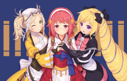 Rule 34 | 3girls, blonde hair, blush, bow, dress, drill hair, elise (fire emblem), fire emblem, fire emblem awakening, fire emblem fates, green eyes, hair bow, holding hands, hug, lissa (fire emblem), looking at viewer, multiple girls, nintendo, one eye closed, pink hair, purple eyes, sakura (fire emblem), short hair, smile, transistor, twin drills, twintails, wink