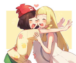 Rule 34 | 2girls, :d, ^ ^, beanie, black hair, blonde hair, blush, braid, closed eyes, creatures (company), dress, eyebrows hidden by hair, floral print, game freak, green shorts, hat, heart, holding, holding clothes, holding hat, lillie (pokemon), long hair, multiple girls, nintendo, open mouth, outstretched arms, pokemon, pokemon sm, print shirt, red hat, selene (pokemon), shirt, short hair, short sleeves, shorts, simple background, sleeveless, sleeveless dress, sleeveless shirt, smile, straight hair, sun hat, swept bangs, twin braids, two-tone background, unapoppo, unworn hat, unworn headwear, white dress, white hat, yellow shirt, yuri