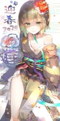 Rule 34 | 1boy, blunt bangs, bob cut, brown hair, cage, choker, closed mouth, flower, green eyes, green hair, gretel (sinoalice), hair flower, hair ornament, hansel (sinoalice), highres, japanese clothes, kimono, looking at viewer, male focus, mcmcmococo, piercing, sinoalice, smile, solo, trap