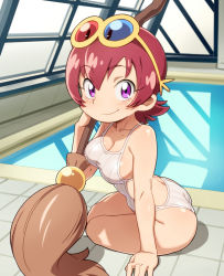 Rule 34 | 1girl, arm support, breasts, broom, cleavage, competition swimsuit, eyewear on head, feylin, highres, indoors, looking at viewer, one-piece swimsuit, oversized object, paintbrush, pool, poolside, purple eyes, red hair, rei no pool, short hair, sitting, smile, sunglasses, swimsuit, tanken driland, tenchisouha, window, yokozuwari