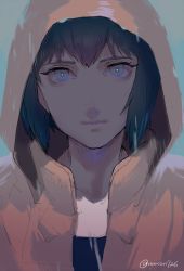 Rule 34 | 1girl, bad id, bad pixiv id, blue background, brown jacket, closed mouth, commentary request, face, ghost in the shell, hood, hood up, hooded jacket, jacket, katsuoboshi, kusanagi motoko, looking at viewer, purple hair, short hair, solo, twitter username