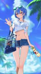 Rule 34 | 1girl, bag, bare legs, bikini under shorts, blue hair, blue shorts, blue sky, bottle, bowsan, day, eyewear on head, grin, highres, holding, holding bag, holding bottle, hololive, hoshimachi suisei, looking at viewer, nail polish, open clothes, open shorts, outdoors, short hair, short shorts, shorts, sky, smile, solo, thighs, virtual youtuber, water bottle, waving