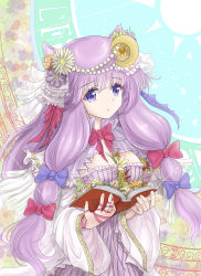 Rule 34 | 1girl, animal ears, between breasts, book, bow, breasts, cat ears, cleavage, commentary request, crescent, crescent hair ornament, dress, flower, frills, hair bow, hair flower, hair ornament, highres, holding, holding book, long hair, long sleeves, looking at viewer, namiki (remiter00), no eyewear, patchouli knowledge, purple dress, purple eyes, purple hair, solo, touhou, wide sleeves