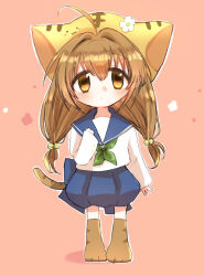Rule 34 | 1girl, ahoge, animal hat, ascot, blue skirt, brown eyes, brown hair, cat hat, clenched hand, di gi charat, dot mouth, flower, full body, green ascot, hat, hat flower, long sleeves, paw shoes, pink background, pleated skirt, puchiko, ryu04869, sailor collar, shirt, skirt, solo, white shirt