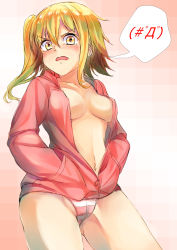 Rule 34 | 1girl, asymmetrical hair, blonde hair, blush, breasts, collarbone, ecou, emoticon, hands in pockets, hood, hoodie, kagerou project, kisaragi momo, looking at viewer, midriff, navel, no bra, no pants, open clothes, open shirt, panties, shirt, side ponytail, solo, striped clothes, striped panties, tears, underwear, yellow eyes