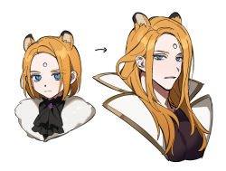 Rule 34 | 1boy, aged down, alternate hair length, alternate hairstyle, animal ears, arrow (symbol), ascot, black ascot, blonde hair, blue eyes, brooch, chinese commentary, commentary request, cropped torso, expressionless, final fantasy, final fantasy xiv, fur trim, garlean, gem, jewelry, kemonomimi mode, long hair, looking at viewer, male focus, multiple views, parted lips, portrait, purple gemstone, sequential, short hair, simple background, third eye, tiger ears, white background, wuliu heihuo, zenos yae galvus