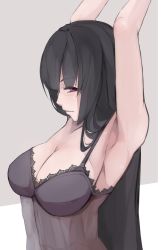 Rule 34 | 1girl, armpits, arms up, black hair, breasts, cleavage, expressionless, female focus, from side, grey background, half-closed eyes, highres, houraisan kaguya, lace trim, large breasts, lingerie, long hair, looking at viewer, negligee, poini (king-scarlet-dead), purple eyes, solo, touhou, two-tone background, underwear, upper body, very long hair, white background
