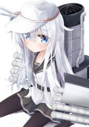 Rule 34 | 1girl, absurdres, black sailor collar, black skirt, black thighhighs, blue eyes, blush, closed mouth, hair between eyes, hammer and sickle, hibiki (kancolle), highres, kantai collection, long hair, long sleeves, machinery, pleated skirt, rigging, rotroto, sailor collar, sailor shirt, shirt, silver hair, skirt, smokestack, solo, thighhighs, verniy (kancolle), white headwear, white shirt