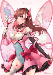 Rule 34 | 1girl, animal print, artist name, baton, black gloves, bodice, bow, breasts, bridal gauntlets, brown eyes, brown hair, blowing bubbles, character name, chewing gum, choker, cleavage, cowboy shot, d.va (overwatch), dress, emblem, facebook username, facepaint, facial mark, frilled skirt, frills, gloves, groin, headphones, heart, highres, holding, long hair, long sleeves, looking at viewer, magical girl, medium breasts, miniskirt, overwatch, overwatch 1, petals, pink background, pink bow, pink ribbon, rabbit print, red bow, ribbon, shourca, showgirl skirt, signature, single glove, skin tight, skirt, solo, stained glass, swept bangs, thighhighs, whisker markings, white gloves, white thighhighs