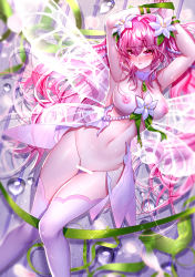 Rule 34 | 1girl, absurdres, alternate hair color, armpits, arms up, bar censor, been, breasts, censored, choker, elesis (elsword), elsword, fairy, floating hair, flower, green ribbon, hair between eyes, hair flower, hair intakes, hair ornament, highres, large breasts, long hair, looking at viewer, lying, navel, nipples, on back, parted lips, pink eyes, pink hair, restrained, ribbon, shiny skin, solo, sparkle, thigh gap, thighhighs, transparent wings, twintails, very long hair, white flower, white thighhighs, white wings, wings