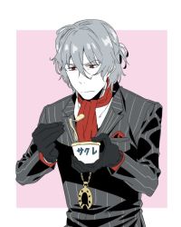Rule 34 | 1boy, antonio salieri (fate), antonio salieri (second ascension) (fate), ascot, black gloves, closed mouth, cup, fate/grand order, fate (series), formal, gloves, grey hair, half updo, hinoya, male focus, pink background, pinstripe pattern, pinstripe suit, rectangle, red ascot, red eyes, simple background, solo, spoon, striped, suit, upper body