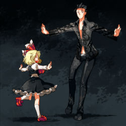 Rule 34 | 1boy, 1girl, :d, ^ ^, ascot, black hair, blonde hair, child, darkness, el shaddai, closed eyes, hair ribbon, height difference, lucifel (el shaddai), open mouth, outstretched arms, pants, red eyes, revision, ribbon, rumia, shirt, short hair, skirt, skirt set, smile, spread arms, touhou, vest, yazumi (yazzz), yzy