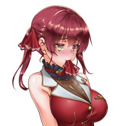 Rule 34 | 1girl, blush, breasts, brooch, choker, cleavage, commentary request, frilled choker, frills, hair ribbon, henshako, heterochromia, highres, hololive, houshou marine, houshou marine (1st costume), jewelry, large breasts, leotard, leotard under clothes, red hair, red ribbon, ribbon, see-through, see-through cleavage, simple background, sleeveless, sleeveless jacket, solo, twintails, upper body, virtual youtuber, white background