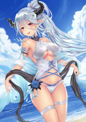 Rule 34 | 1girl, absurdres, armband, artist request, bare shoulders, beach, blue flower, blue hair, blue ribbon, blue rose, blue sky, blush, breasts, cross-laced clothes, day, draph, flower, granblue fantasy, hair between eyes, hair flower, hair ornament, halterneck, highres, hip focus, horns, izmir, izmir (summer) (granblue fantasy), large breasts, long hair, looking at viewer, mole, mole under mouth, navel, ocean, one-piece swimsuit, open mouth, outdoors, pointy ears, red eyes, ribbon, rose, sash, sky, smile, snowflake hair ornament, solo, swimsuit, thigh strap, thighs, underboob, white one-piece swimsuit