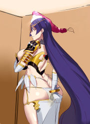 Rule 34 | 1girl, ass, blush, bodysuit, breasts, butt crack, circlet, cleavage, cosplay, fate/grand order, fate (series), fingerless gloves, gloves, huge breasts, jewelry, large breasts, long hair, looking at viewer, minamoto no raikou (fate), panties, purple eyes, purple hair, ring, scheherazade (fate) (cosplay), scheherazade (fate), solo, thighs, underwear, veil, very long hair