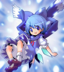 Rule 34 | 1girl, :d, bloomers, blue eyes, blue hair, blush, bobby socks, bow, cirno, dress, fang, hair bow, happy, kitsune choukan, mary janes, matching hair/eyes, open mouth, perfect cherry blossom, scarf, shoes, short hair, smile, socks, solo, touhou, underwear, wings