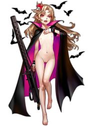 Rule 34 | 1girl, as109, barefoot, bat (animal), blonde hair, browning m1919, cape, cleft of venus, eyeliner, fangs, feet, fingernails, flat chest, flipped hair, full body, girls&#039; frontline, gun, hair ornament, hand on own chest, highres, long fingernails, long hair, m1919a4 (girls&#039; frontline), machine gun, makeup, medium machine gun, nail polish, naked cape, navel, nipples, nude, open mouth, petite, pointy ears, pussy, red eyes, sharp fingernails, skull hair ornament, slit pupils, solo, standing, standing on one leg, thigh gap, third-party edit, toenail polish, toenails, toes, transparent background, uncensored, vampire, weapon, wrist cuffs
