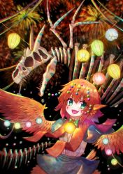 Rule 34 | 1girl, akamiya fumiya, animal ears, bird ears, bird legs, black background, bow, commentary, facial mark, fang, feathered wings, fireworks, green bow, green eyes, hair between eyes, harpy, highres, lantern, monster girl, open mouth, orange feathers, orange hair, orange wings, original, paper lantern, pointy ears, skeleton, skirt, solo, symbol-only commentary, winged arms, wings